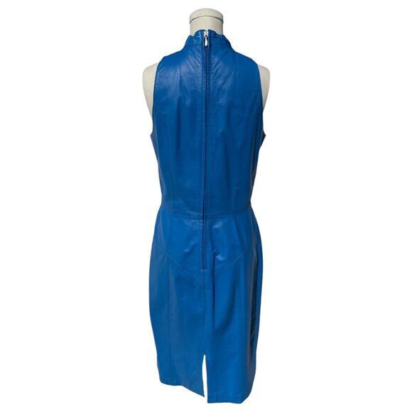 Vintage 80s Ambria Blue Leather Fitted Sleeveless High Neck‎ Dress Size 10 - Picture 3 of 13